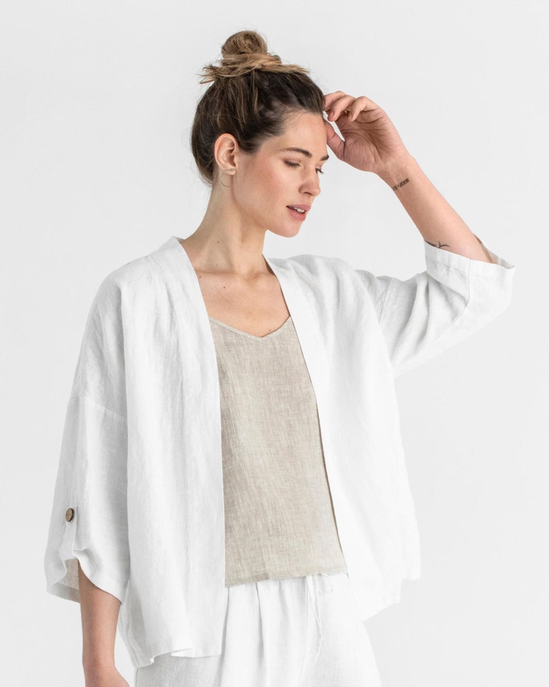 Linen blazer BANOS. White cardigan. Linen kimono jacket, open front cardigan. Linen top for women, loose fit image 3