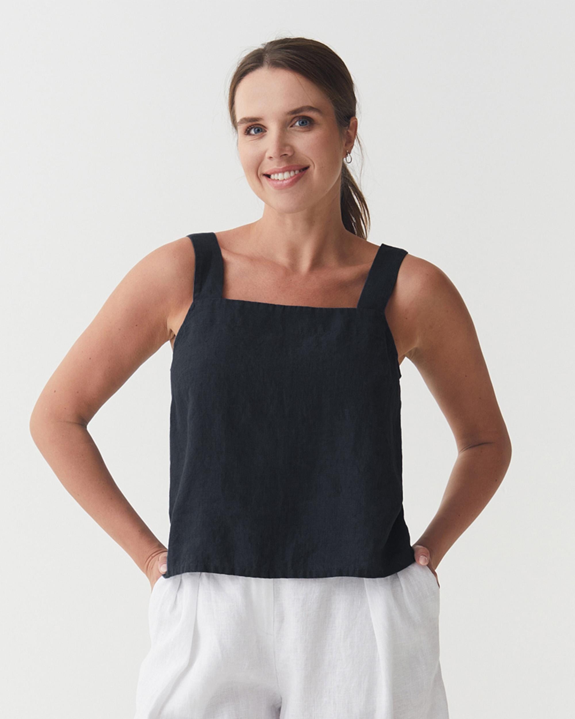 Linen Tank Top – Sleeveless Black Linen Crop With Square Neckline