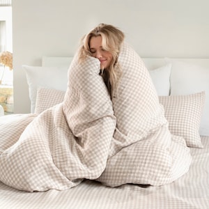 Linen duvet cover in Natural gingham | Boho duvet cover | Full, twin, queen, king, custom size bed linens | Checkered bedding