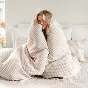 Natural Gingham Linen Duvet Cover – Queen King Bedding – Breathable Hypoallergenic Comforter – Stonewashed OEKO TEX Flax Midweight Linen