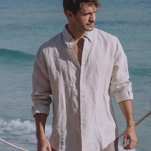 Sage Green Linen Shirt for Men – Long Sleeve Lightweight Button Down Shirt – Relaxed Fit Shirt – Natural Style SINTRA Natural melange