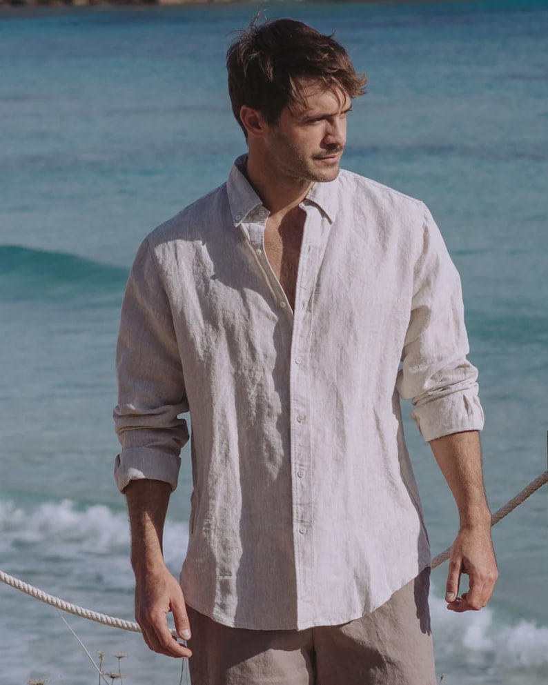 Sage Green Linen Shirt for Men – Long Sleeve Lightweight Button Down Shirt – Relaxed Fit Shirt – Natural Style SINTRA Natural melange