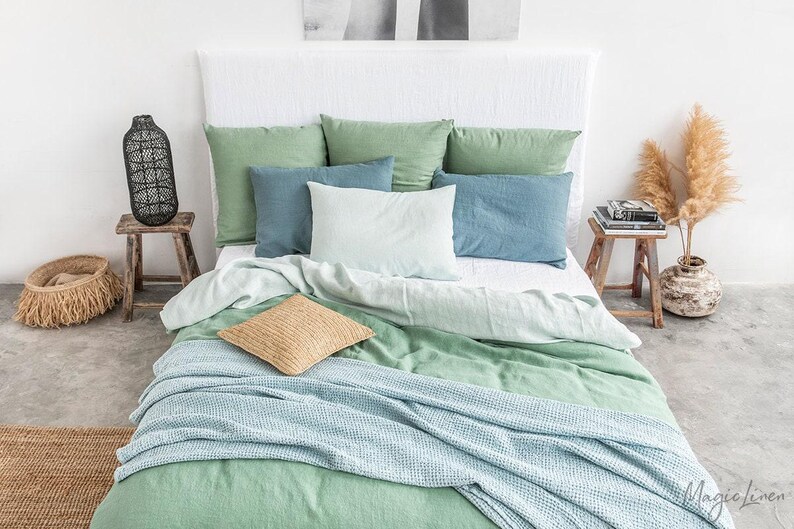 Matcha Green Linen Duvet Cover – Stonewashed Flax Bedding – Breathable Thermoregulating Comforter – Queen King OEKO TEX Certified Linen Set image 4