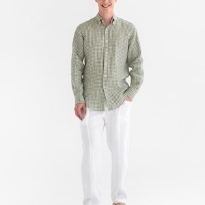 Men's linen shirt WENGEN in Light pink. Long sleeve linen shirt for men. Button down shirt. 3XL Available Forest green gingham