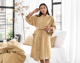 Linen robe BERMEO | Linen kimono robe | Linen bathrobe | Bath robe in Sandy Beige color for women