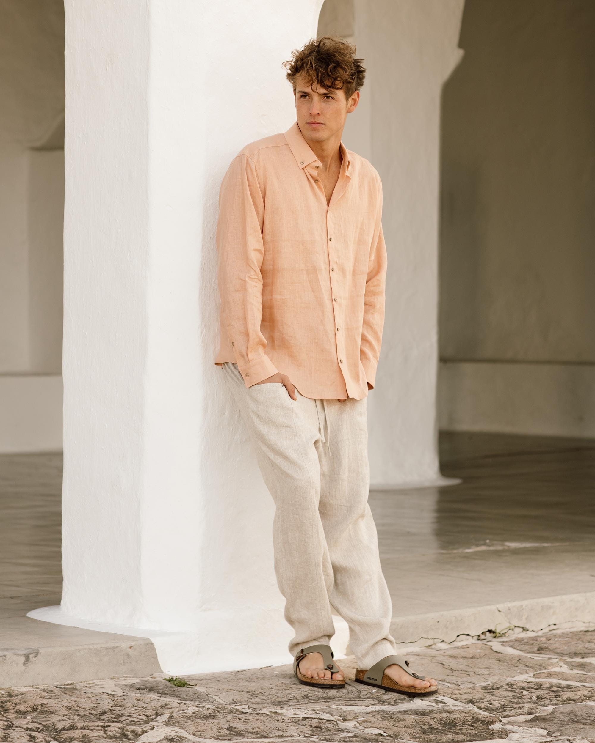 mens light peach dress shirt Bradford Italian Linen Short Sleeve Men's Shirt Peach