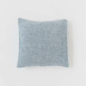 Linen Pom Pom Pillow Cover – Blue Melange Decorative Cushion – Throw Pillow Case – Handmade Farmhouse Linen Pillow Sham