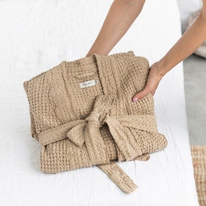 Linen waffle robe in beige / Kimono robe / Soft, absorbent waffle linen / Linen bathrobe kimono image 5