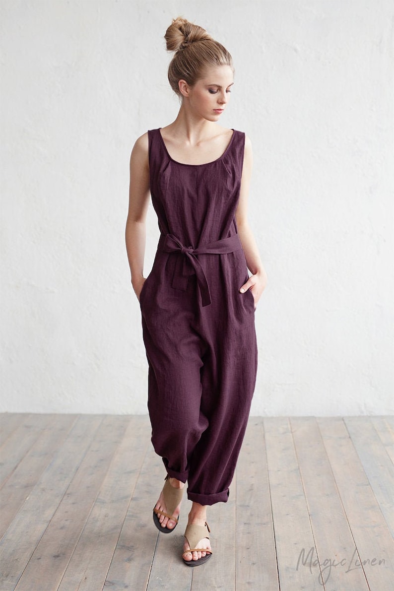 Linen jumpsuit ANNECY. Drop crotch, sleeveless linen romper. Linen overall. Clothing for women. image 1