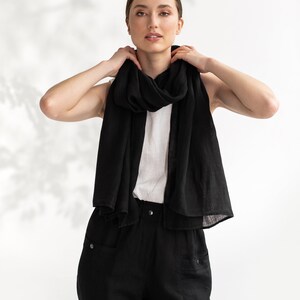 Linen scarf in Black / Linen shawl / Handmade, stone washed linen scarves for women / Long linen scarf image 3