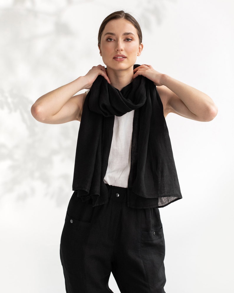 Linen scarf in Black / Linen shawl / Handmade, stone washed linen scarves for women / Long linen scarf image 3