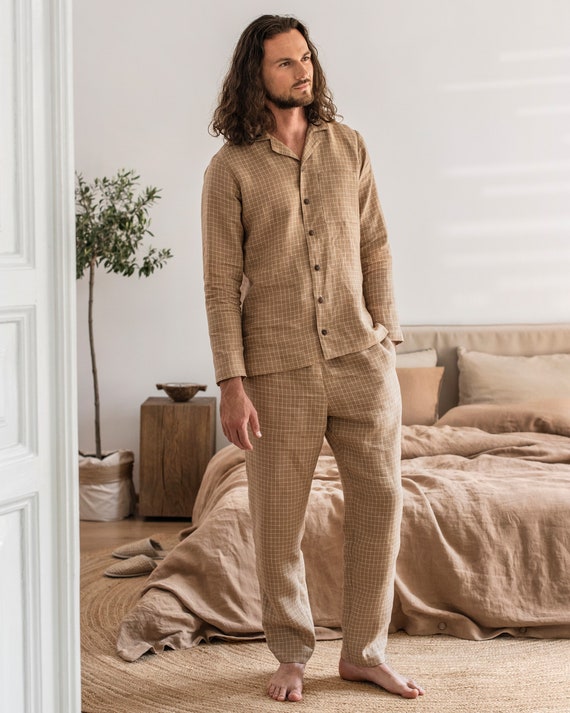 Men's Linen Loungewear Set MONTEREY. Brown Windowpane Pajama Set