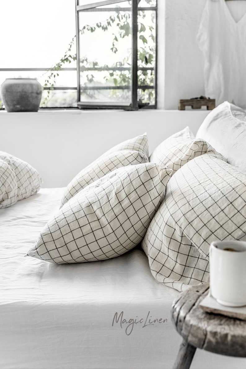 Linen pillowcase in Charcoal Grid Windowpane. Linen pillow image 2