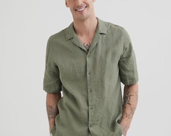 Mens Linen Camp Collar Shirt – Short Sleeve Sage Green Shirt – Relaxed Fit Summer Shirt – Breathable Resort Wear – Vacation Outfit KEY WEST