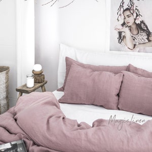 Linen bedding set in Woodrose Dusty Pink. King/ Queen washed linen duvet cover set with 2 pillowcases. image 7