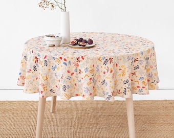 Round linen tablecloth in abstract print. Indoor outdoor table linens. Custom size table cloth