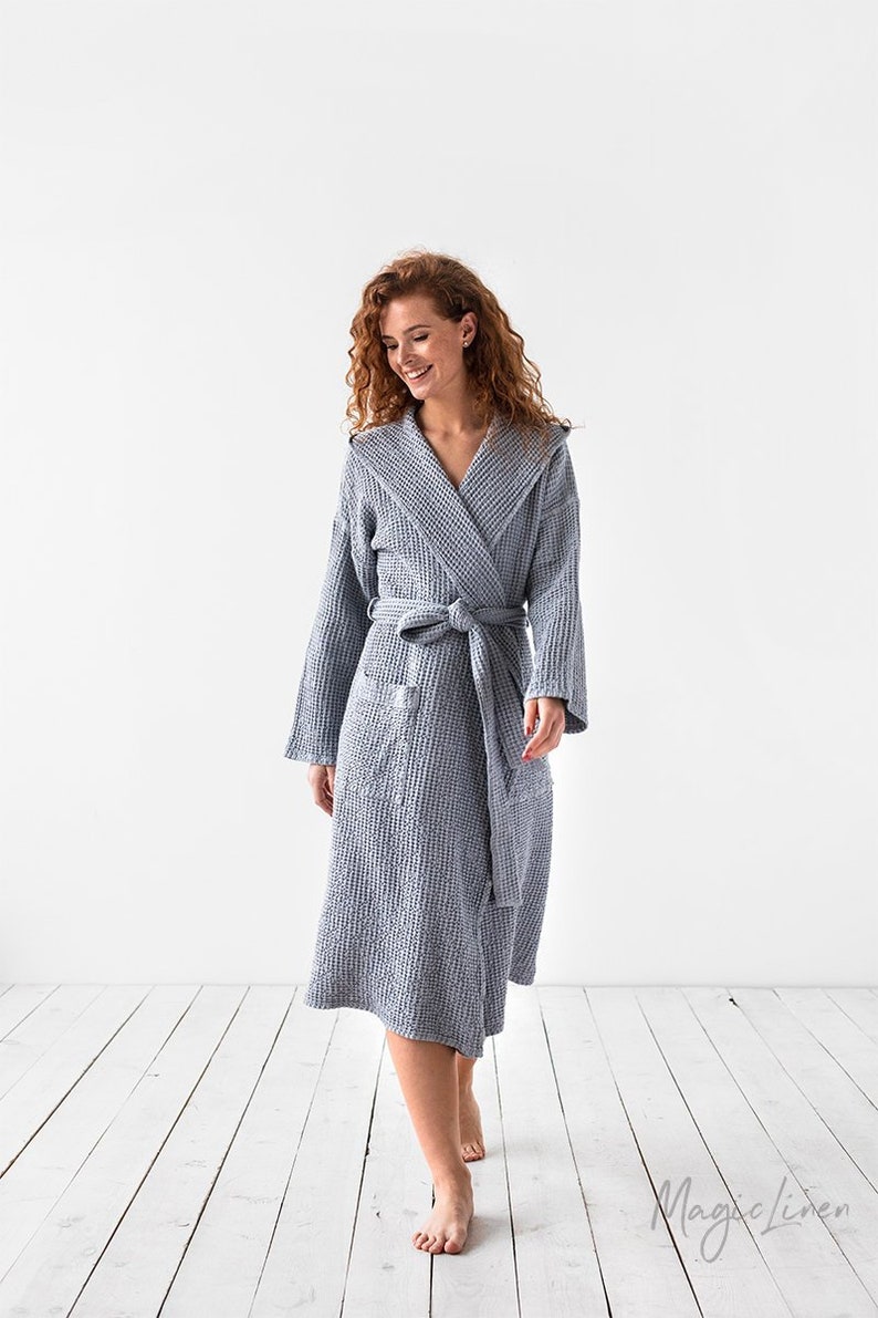 Waffle linen bathrobe. Hooded linen robe. Waffle robe for Etsy