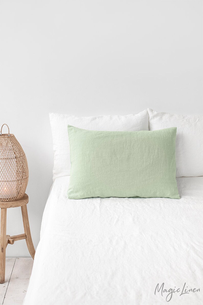 Linen pillow case in Sage Green color. Softened washed Etsy