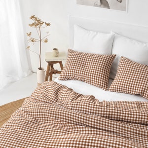 Linen duvet cover in Cinnamon gingham. Queen King duvet cover. Farmhouse bedding. Checkered bedding. 100% linen. Custom sizes available image 5