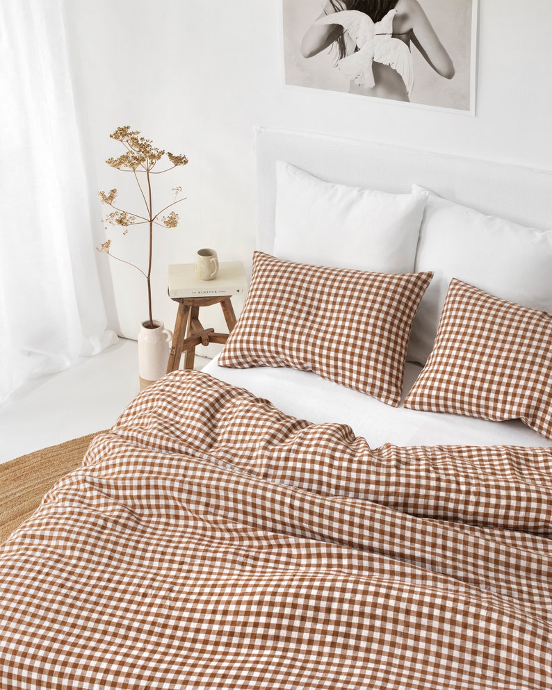 Linen duvet cover in Cinnamon gingham. Queen King duvet cover. Farmhouse bedding. Checkered bedding. 100% linen. Custom sizes available image 5