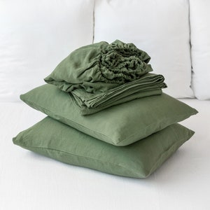 Forest Green Linen Sheet Set – Deep Earthy Stonewashed Bedding – Breathable Flat Sheet, Fitted Sheet, Pillowcases – Pure OEKO-TEX Linen Set