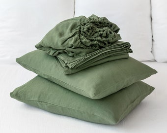 Parure de draps en lin vert forêt / Drap-housse, drap plat, 2 taies d'oreiller / Linge de lit / Cadeau d'anniversaire