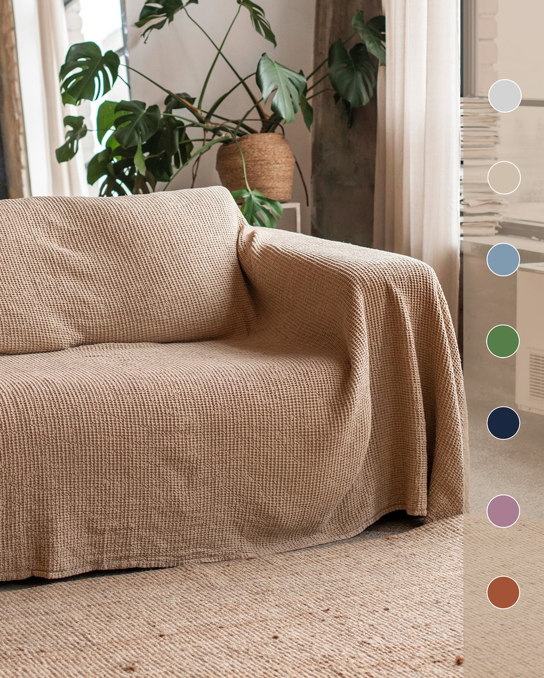 Linen Couch Cover Beige Waffle Sofa Throw Full Coverage Washable