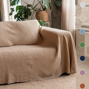 Linen Couch Cover – Beige Waffle Sofa Throw – Full Coverage Washable Protector – Stonewashed Cotton Blend – Minimalist Neutral Decor