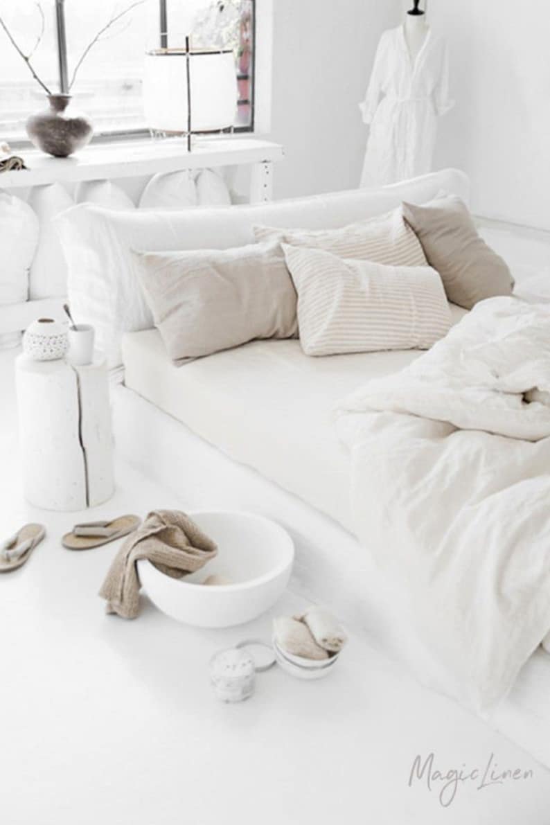 MagicLinen Linen fitted sheet in White / Ivory. Come discover lovely European Country Bespoke Linen for Home & You! #europeancountry #interiordesign #linen #handmadelinens #linenclothing #linendecor #homedecor