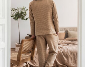 Men's Linen Loungewear Set MONTEREY. Brown Windowpane Pajama Set. Linen  Sleepwear for Men 