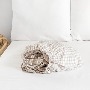 Linnen hoeslaken met natuurlijk gingang-ruit – geruit linnen beddengoed – laken met diepe Queen King-zak – zacht, vochtafvoerend, stonewashed OEKO-laken