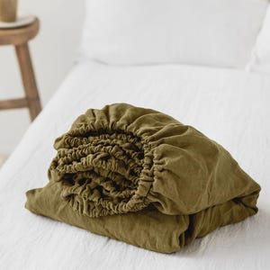 Linen Fitted Sheet – Olive Green Soft Linen Bedding – Queen King Deep Pocket Bed Sheet – Stonewashed Thermoregulating OEKO European Linen
