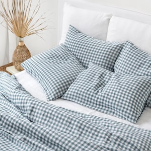 Gray Blue Gingham Linen Pillowcase – Soft Flax Sham with Envelope Closure – Custom Size Checkered Pillow Cover – Stonewashed Bedding Accent