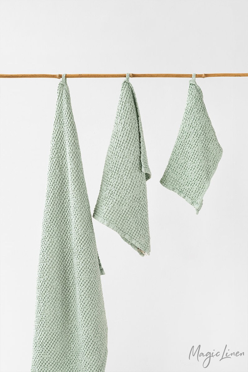 Sage Green Linen Waffle Towel SET Hand Face Body Linen Etsy