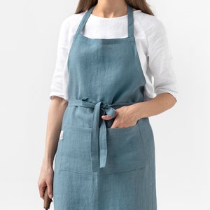 Linen apron. Washed linen apron for cooking, gardening. Full apron for women and men. Grey blue