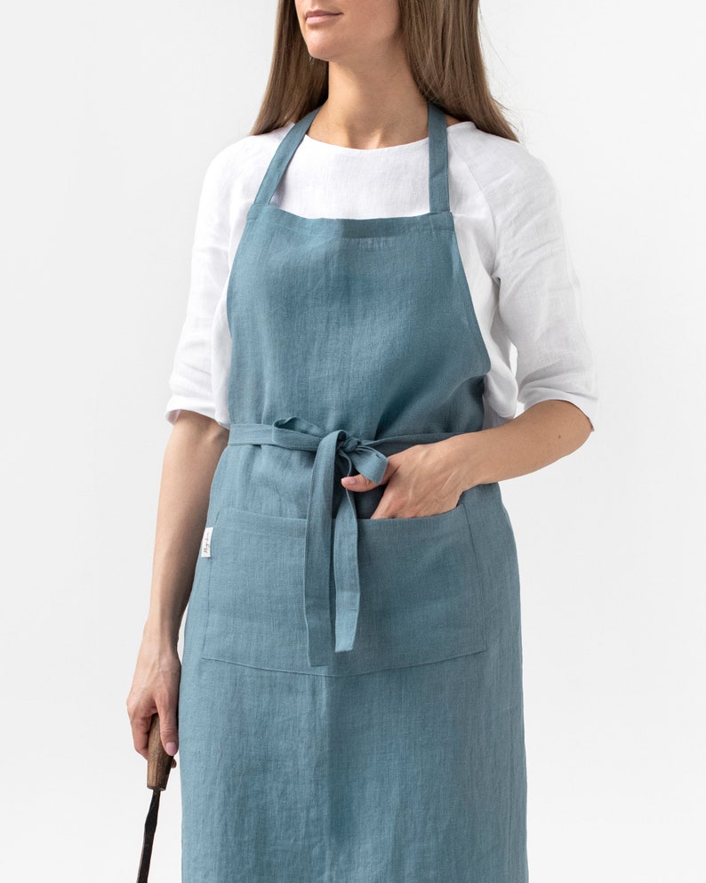 Linen apron. Washed linen apron for cooking, gardening. Full apron for women and men. Grey blue