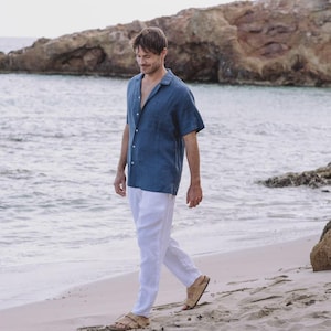 Natural Mens Linen Pants – Trousers with Elastic Waist and Cargo Pockets – Breathable Clothing - Lightweight Outfit TRUCKEE White