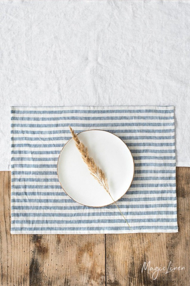 Blue striped linen placemats set. Natural fabric placemats. Etsy