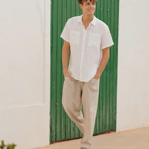 Mens Linen Pants – Cinnamon Trousers with Drawstring Waist and Cargo Pockets – Lightweight Wear - Breathable Outfit, Look TRUCKEE Natural melange