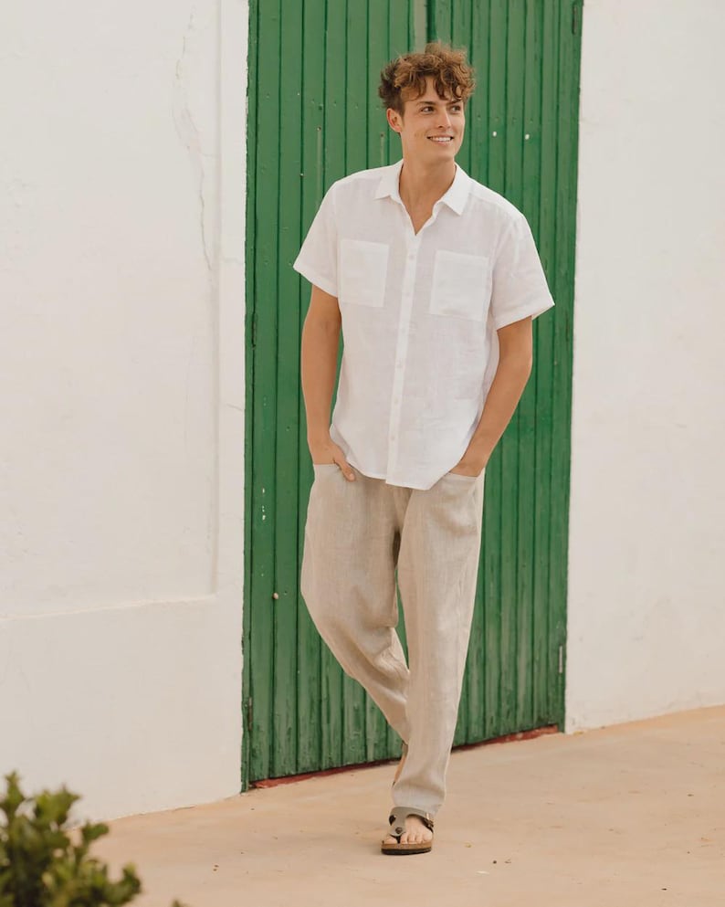 Mens Linen Pants – Cinnamon Trousers with Drawstring Waist and Cargo Pockets – Lightweight Wear - Breathable Outfit, Look TRUCKEE Natural melange