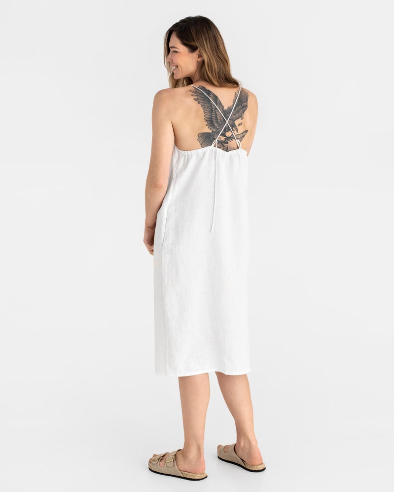 Linen dress MARFA. White linen dress for women. Midi sleeveless linen dress with spaghetti strap. Open back summer dress image 3