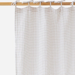 Tie top linen curtain panel, Various colours 1 pcs. Semi-sheer window, door curtain. Custom rod drapes with ties Natural gingham