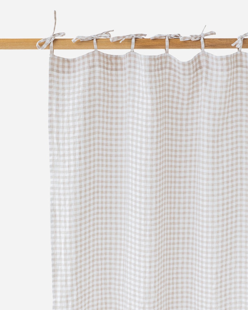 Tie top linen curtain panel, Various colours 1 pcs. Semi-sheer window, door curtain. Custom rod drapes with ties Natural gingham