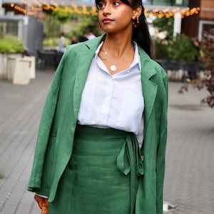 Loose linen blazer PLACID / Long sleeve light linen jacket / Linen womens clothing Green