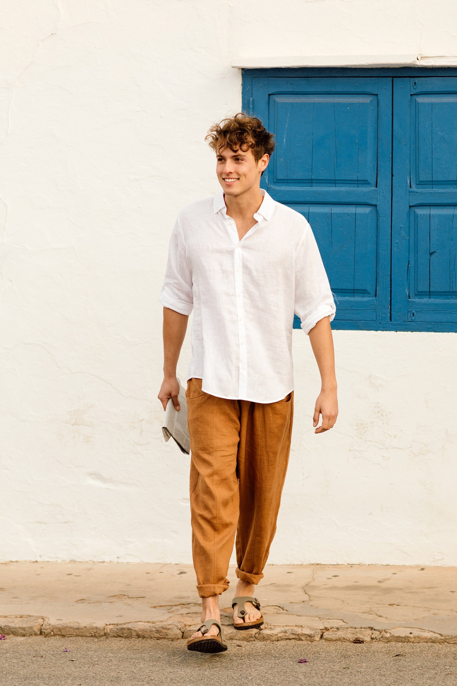 Men's Linen Pants TRUCKEE in Cinnamon. Mens Trousers. Elastic Waist