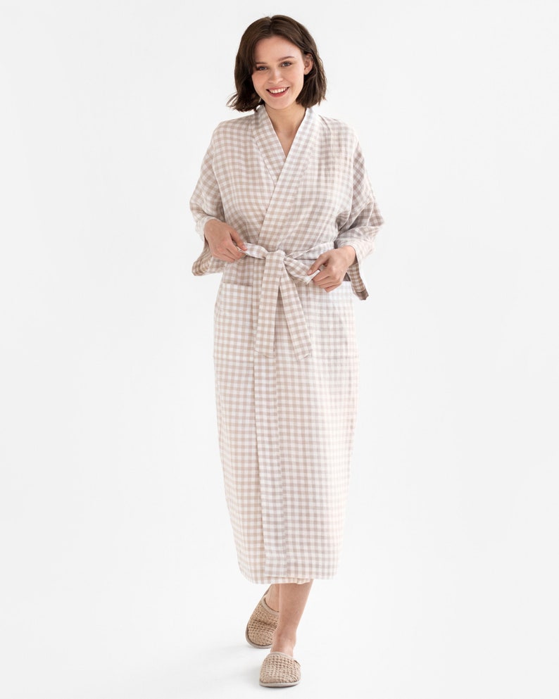 Linen robe MAJORCA in natural gingham Long sleeve linen dressing gown Spa sauna robe Robes for women image 7