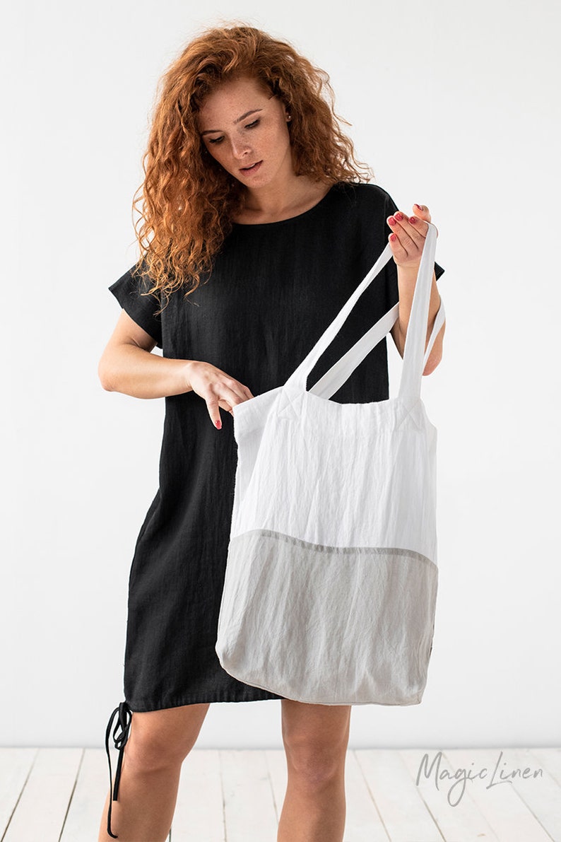 Color-block linen tote bag. Linen bag in white and gray image 1