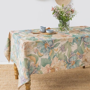 Vibrant Peonies Print Linen Tablecloth – Floral Pattern – Round, Square, Rectangular – Soft Washed European Flax – Custom Bold Table Decor
