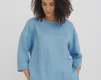 Soft Blue Linen Top for Women – Relaxed A Line Blouse – Boat Neck Mid Sleeve Summer Top – Minimal Clothing – Breathable Shirt AMSTERDAM