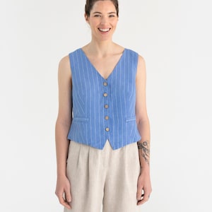 Classic linen vest OBIDOS in Natural melange. Linen waistcoat. Linen tops for women. Blue striped